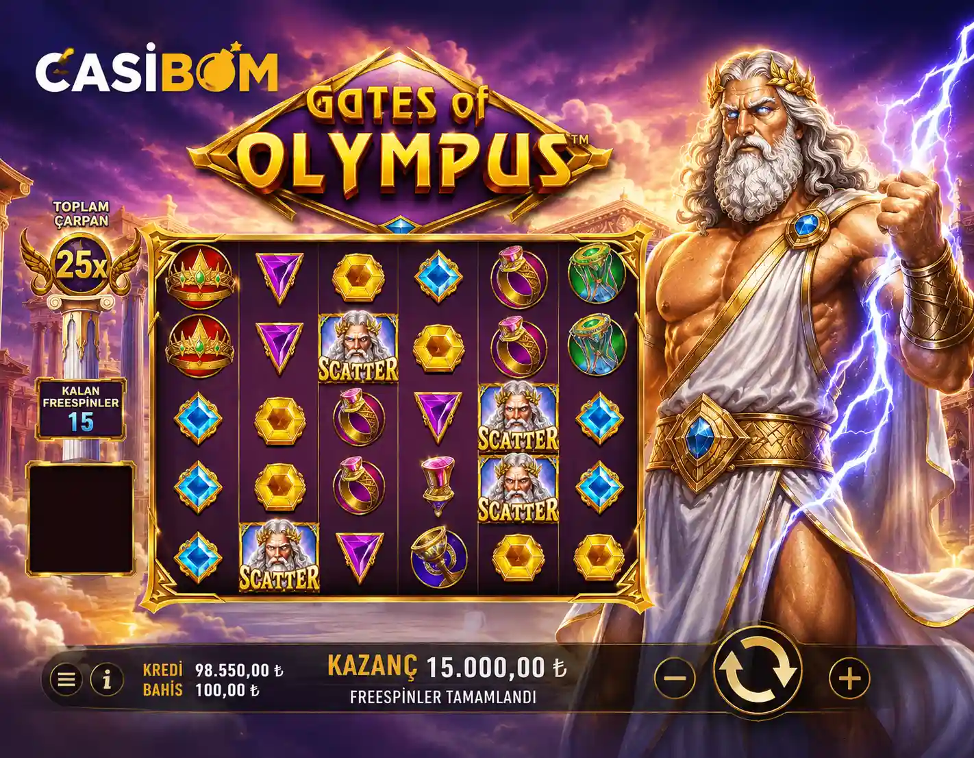 Casibom Gates of Olympus oyun ekranı ve Zeus teması